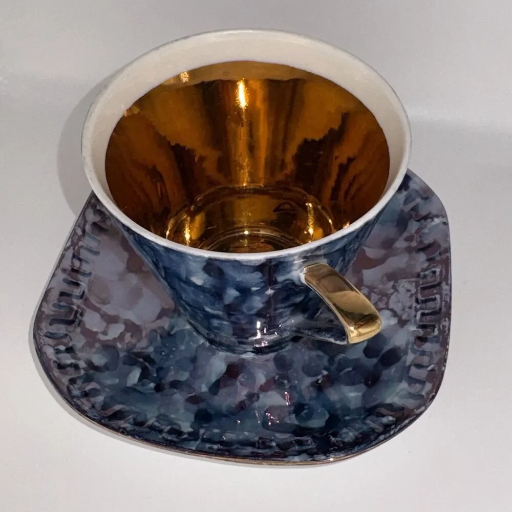 Vintage Wawel Poland Mid Century Demitasse Cup & Saucer Set 3 Blue Marbled Gold